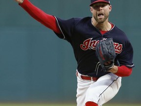 Cleveland Indians starting pitcher Corey Kluber delivers against the Detroit Tigers during the first inning in a baseball game, Tuesday, Sept. 12, 2017, in Cleveland. (AP Photo/Ron Schwane)