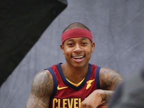 Cleveland Cavaliers' Isaiah Thomas poses for a portrait during the NBA basketball team media day, Monday, Sept. 25, 2017, in Independence, Ohio. (AP Photo/Ron Schwane)