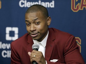 Cleveland Cavaliers' Isaiah Thomas answers questions during a news conference at the NBA basketball teams practice facility, Thursday, Sept. 7, 2017, in Independence, Ohio. Thomas was aquired in a trade last week with the Boston Celtics. (AP Photo/Tony Dejak)