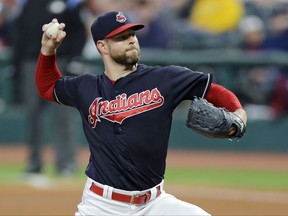 Cleveland Indians starting pitcher Corey Kluber delivers in the first inning of a baseball game against the Chicago White Sox, Saturday, Sept. 30, 2017, in Cleveland. (AP Photo/Tony Dejak)