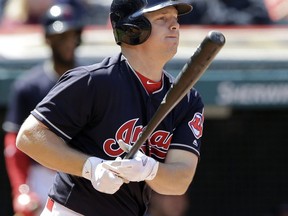 Cleveland Indians' Jay Bruce watches his ball after hitting an RBI-single off Baltimore Orioles starting pitcher Gabriel Ynoa in the fourth inning of a baseball game, Saturday, Sept. 9, 2017, in Cleveland. Carlos Santana scored on the play. (AP Photo/Tony Dejak)