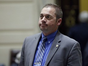 FILE - This Tuesday, May 17, 2016 file photo shows Oklahoma state Sen. Bryce Marlatt, R-Woodward on the Senate floor in Oklahoma City. Marlatt has been charged with sexual battery after an Uber driver accused him of grabbing her head and kissing her neck while she was driving him to a bar in June. (AP Photo/Sue Ogrocki, File)