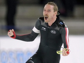 Canada's Ted-Jan Bloemen celebrates after his men's 5000-metre race at the Speed Skating World Cup in Berlin on Jan. 28.