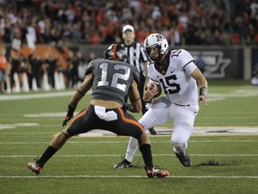 Minnesota quarterback Conor Rhoda tries to get past Oregon State's David Morris during the first half of an NCAA college football game in Corvallis, Ore., Saturday, Sept. 9, 2017. (AP Photo/Timothy J. Gonzalez)