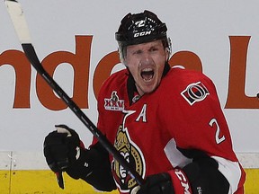 Dion Phaneuf celebrates his overtime goal against the Boston Bruins in Game 2 of their first-round playoff series in April.