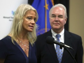 Counselor to the President Kellyanne Conway speaks as Health and Human Services Secretary Tom Price looks on, at the Mirmont Treatment Center Friday Sept. 15, 2017, in Media, Pa. Conway and Price toured the center for drug and alcohol addiction recovery and discussed the opiod crisis. (AP Photo/Jacqueline Larma)