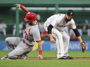 St. Louis Cardinals' Matt Carpenter (13) slides into second with a double ahead of the tag by Pittsburgh Pirates shortstop Jordy Mercer during the first inning of a baseball game, Friday, Sept. 22, 2017, in Pittsburgh. (AP Photo/Keith Srakocic)