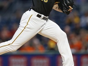 Pittsburgh Pirates starting pitcher Chad Kuhl throws to the Baltimore Orioles during the first inning of a baseball game, Wednesday, Sept. 27, 2017, in Pittsburgh. (AP Photo/Keith Srakocic)