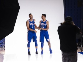 Philadelphia 76ers' Timothe Luwawu-Cabarrot (7) and Markelle Fultz (20) joke with on and other as the pose for a photograph during media day at the NBA basketball team's practice facility, Monday, Sept. 25, 2017, in Camden, N.J. (AP Photo/Matt Rourke)