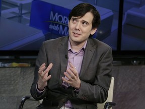 FILE - In this Aug. 15, 2017, file photo, former pharmaceutical CEO Martin Shkreli speaks during an interview by Maria Bartiromo during her "Mornings with Maria Bartiromo" program on the Fox Business Network, in New York. On Sept. 6, 2017, Shkreli put the only known copy of a Wu-Tang Clan album he bought for $2 million in 2015 up for sale on eBay. (AP Photo/Richard Drew, File)