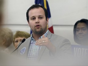 FILE - In this Aug. 29, 2014, file photo, reality TV personality Josh Duggar speaks in favor of the Pain-Capable Unborn Child Protection Act at the Arkansas state Capitol in Little Rock, Ark. Duggar announced the birth of a baby boy on Sept. 12, 2017, a day after a judge halted his lawsuit over the release of information related to allegations that he fondled his sisters as a child. (AP Photo/Danny Johnston, File)