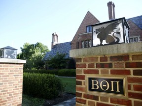 A view of the Beta Theta Pi fraternity house is seen Friday, Sept. 8, 2017, on Penn State's campus in State College, Pa. Alumni of the now-banned Penn State fraternity where a pledge was fatally injured are reopening the house to members as a place to stay during home football game weekends. (Phoebe Sheehan/Centre Daily Times via AP)