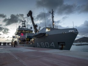 Dutch Navy support vessel Zr. Ms. Pelikaan moored in the port of Sint Maarten after the passing of Hurricane Irma.