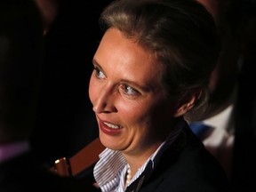 AfD top candidate Alice Weidel is seen during the election party of the nationalist 'Alternative for Germany', AfD, in Berlin, Germany, Sunday, Sept. 24, 2017, after the polling stations for the German parliament elections had been closed. (AP Photo/Michael Probst)