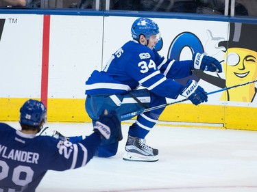 Toronto Maple Leafs forward Auston Matthews celebrates a playoff goal against the Washington Capitals on April 23.