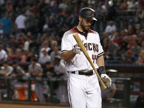 Arizona Diamondbacks' Paul Goldschmidt flips his bat after striking out against the San Francisco Giants during the first inning of a baseball game Wednesday, Sept. 27, 2017, in Phoenix. (AP Photo/Ross D. Franklin)