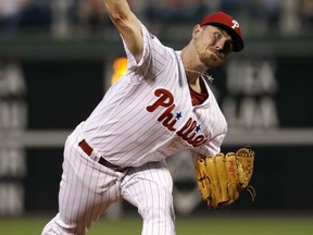 Philadelphia Phillies' Mark Leiter Jr. pitches during the first inning of a baseball game against the Oakland Athletics, Friday, Sept. 15, 2017, in Philadelphia. (AP Photo/Matt Slocum)