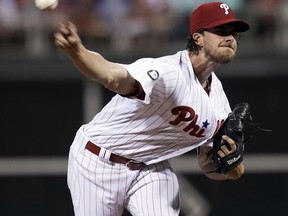 Philadelphia Phillies' Aaron Nola pitches during the first inning of a baseball game against the Washington Nationals, Monday, Sept. 25, 2017, in Philadelphia. (AP Photo/Matt Slocum)