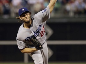 Los Angeles Dodgers' Clayton Kershaw pitches during the first inning of a baseball game against the Philadelphia Phillies, Monday, Sept. 18, 2017, in Philadelphia. (AP Photo/Matt Slocum)