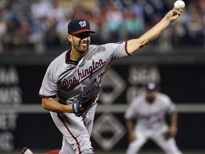 Washington Nationals' Gio Gonzalez pitches during the first inning of a baseball game against the Philadelphia Phillies, Tuesday, Sept. 26, 2017, in Philadelphia. (AP Photo/Matt Slocum)