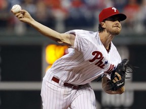 Philadelphia Phillies' Aaron Nola pitches during the first inning of a baseball game against the Miami Marlins, Wednesday, Sept. 13, 2017, in Philadelphia. (AP Photo/Matt Slocum)