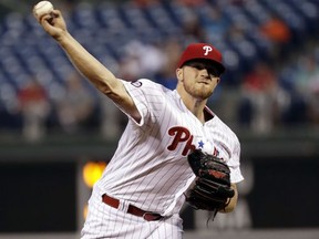 Philadelphia Phillies' Jake Thompson pitches during the first inning of a baseball game against the Miami Marlins, Thursday, Sept. 14, 2017, in Philadelphia. (AP Photo/Matt Slocum)
