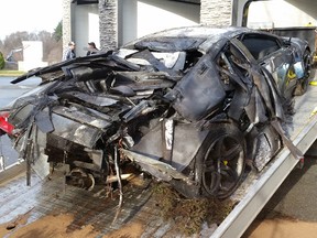 The remains of a  2007 Lamborghini Murcielago damaged in a street racing incident in Surrey.