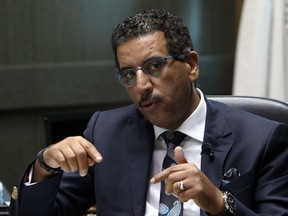 The director of the Central Bureau of Judicial Investigations, Abdelhak Khiame, gestures during an interview with The Associated Press at his headquarters in Sale near Rabat, Morocco, Tuesday, Sept. 19, 2017. Khiame says his government is working on a new strategy to track Moroccans who radicalize in Europe, as part of beefed-up counterterrorism efforts by a country that is both a key player in the global anti-extremism struggle and a source of international jihadis. (AP Photo/Abdeljalil Bounhar)