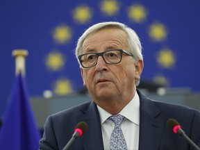 European Commission President Jean-Claude Juncker addresses the members of the European Parliament in Strasbourg, eastern France, to outline his reform plans for the European Union in the so-called State of the Union debate, Wednesday, Sept. 13, 2017. (AP Photo/Jean-Francois Badias)