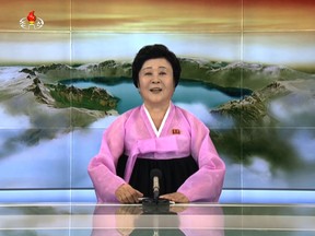 North Korea's favourite newsreader Ri Chun-Hee announcing, from an unknown location, the news that the country had successfully tested a hydrogen bomb.