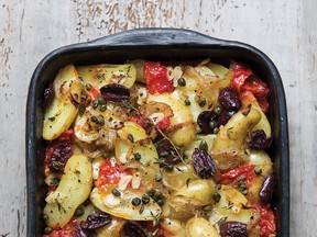 Roasted tomatoes and fingerling potatoes with thyme, olives and capers