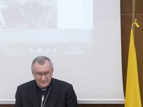 Vatican Secretary of State Pietro Parolin talks during an international conference on 'Iraq, ritorno alle radici' (Iraq, Back to the Roots) at Pio XI hall of the Pontifical Latheran University, in Rome, Thursday, Sept. 28, 2017. Parolin said on Thursday that "it's important to dialogue even within the Church", in response to a letter from a group of conservative Catholics accusing Pope Francis of heresy. (Claudio Peri/ANSA via AP)