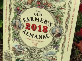 This Aug. 29, 2017 photo shows the cover of the 2018 edition of The Old Farmer's Almanac in Concord, N.H, The annual almanac,  which claims an 80 percent accuracy rate in its forecasts, predicted the possibility of a major hurricane along the Atlantic Seaboard, but didn't have the same insight about the Gulf Coast. The 226th edition comes out Tuesday, Sept. 12.  (The Old Farmer's Almanac via AP)