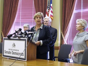 Wisconsin Senate Democratic Minority Leader Jennifer Shilling speaks at a news conference Tuesday, Sept. 12, 2017, in Madison, Wis., where she said Democrats could support a $3 billion incentive package for electronics giant Foxconn Technology Group if changes were made to protect taxpayers and the environment. (AP Photo/Scott Bauer)