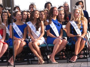 In this Aug. 30, 2017 photo, Miss America contestants sit during a welcoming ceremony in Atlantic City, N.J. The next Miss America will be crowned on Sept. 10. (AP Photo/Wayne Parry)