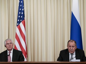 On this Wednesday, April 12, 2017 file photo Russian Foreign Minister Sergey Lavrov, right, and US Secretary of State Rex Tillerson attend a news conference following their talks in Moscow, Russia.