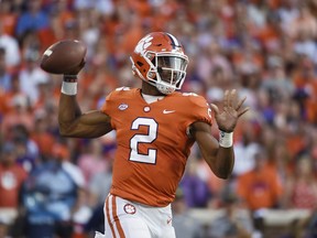 Clemson quarterback Kelly Bryant (2) looks to pass against Auburn during the first half of an NCAA college football game, Saturday, Sept. 9, 2017, in Clemson, S.C. (AP Photo/Rainier Ehrhardt)