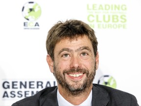 The new chairman of the European Club Association, ECA, Italy's Andrea Agnelli attends a news conference after the plenary general assembly of the European Club Association, ECA, in Geneva, Switzerland, Tuesday, Sept. 5, 2017. (Salvatore Di Nolfi/Keystone via AP)