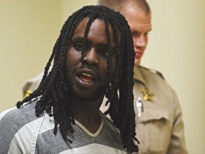 FILE - In this June 13, 2017, file photo, Keith Cozart, known as Chief Keef, appears at Minnehaha County Court in Sioux Falls, S.D. Chief Keef has pleaded not guilty to drug charges in South Dakota. The rapper was arrested June 12 at the Sioux Falls airport, where officials say marijuana was found in his carry-on bag. (Joe Ahlquist/The Argus Leader via AP, File)