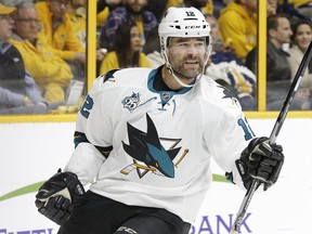 In this May 3, 2016 file photo, then-San Jose Sharks forward Patrick Marleau celebrates a playoff goal against the Nashville Predators.