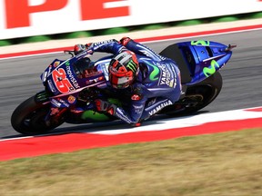 Spanish Rider Maverick Vinales rides his Yamaha during the second free practice session of the San Marino Moto GP grand prix at the Misano circuit, in Misano Adriatico, Italy, Friday, Sept. 8, 2017. (Fabrizio Petrangeli/ANSA via AP)