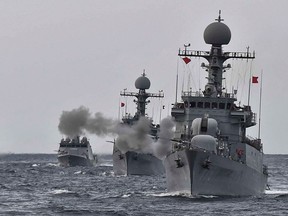 South Korean navy vessels drill off the east coast on September 4, 2017 in East Sea, South Korea.
