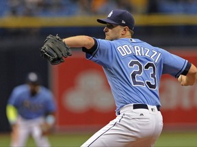 Tampa Bay Rays starter Jake Odorizzi pitches against the Boston Red Sox during the first inning of a baseball game Sunday, Sept. 17, 2017, in St. Petersburg, Fla. (AP Photo/Steve Nesius)