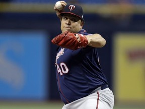 Minnesota Twins pitcher Bartolo Colon goes into his windup against the Tampa Bay Rays during the first inning of a baseball game Tuesday, Sept. 5, 2017, in St. Petersburg, Fla. (AP Photo/Chris O'Meara)