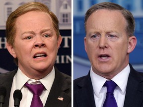 A photo illustration featuring Melissa McCarthy (left) and Sean Spicer (right)