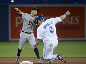 Detroit Tgers infielder Ian Kinsler forces out Kendrys Morales of the Toronto Blue Jays at second before throwing to first to complete a triple play in the sixth inning of Friday's MLB game at Rogers Centre. The Tigers were 5-4 winners.