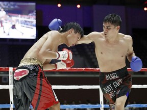 Daniel Roman  of the U.S., right, lands a right to Shun Kubo of Japan during the sixth round of WBA super bantamweight title bout in Kyoto western Japan, Sunday, Sept. 3, 2017. Roman won the title by a technical knockout. (Kota Endo/Kyodo News via AP)