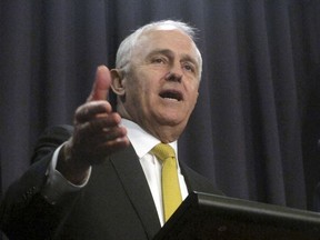 FILE - In this Aug. 8, 2017, file photo, Australian Prime Minister Malcolm Turnbull speaks during a press conference at Parliament House in Canberra, Australia. Turnbull on Friday, Sept. 22, 2017 urged restraint in the nation's same-sex marriage debate after  former Prime Minister Tony Abbott who gave the people a direct say in the divisive issue said he was head-butted by a gay rights advocate while walking in a city street. (AP Photo/Rod McGuirk, File)