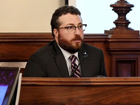 Tennessee Bureau of Investigation Special Agent Lawrence James testifies during day the Holly Bobo murder trial, Tuesday, Sept. 12, 2017, in Savannah, Tenn. Holly Bobo, a 20-year-old nursing student, disappeared from her home in Parsons, Tenn. on April 13, 2011, and Zachary Adams is charged with her kidnapping, rape and murder. (Kenneth Cummings/The Jackson Sun via AP, Pool)