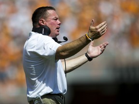 Tennessee head coach Butch Jones reacts against Massachusetts during an NCAA college football game, Saturday, Sept. 23, 2017, in Knoxville, Tenn. (Clavin Mattheis/Knoxville News Sentinel via AP)